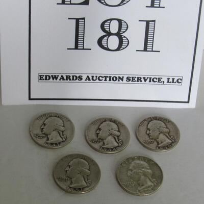 5 Silver Quarters: 1941 D (edge nick), 1944, 1950, 1951, 1962 D