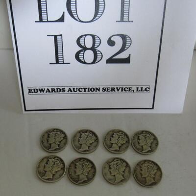 8 Silver Mercury Dimes: 1935, 1936, 1937, 1939 D, 1941 (2), 1942, 1945