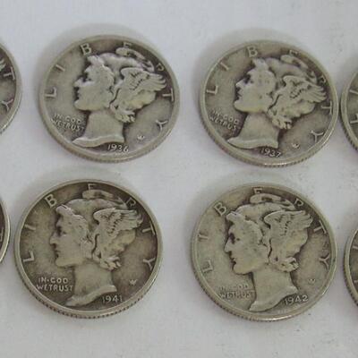8 Silver Mercury Dimes: 1935, 1936, 1937, 1939 D, 1941 (2), 1942, 1945