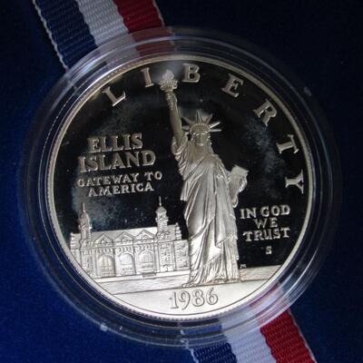 US Mint 1986 S Ellis Island Liberty Silver Dollar Proof, Never Opened
