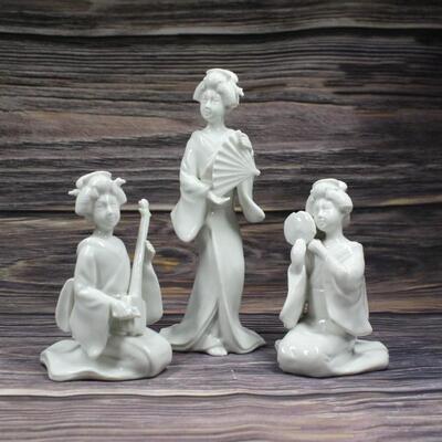 Vintage Set of 3 Fitz and Floyd Porcelain Asian Geisha Musician Figurines