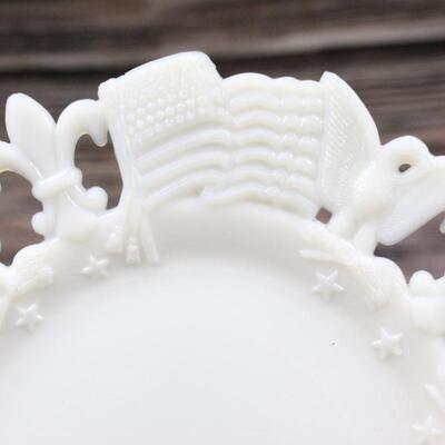 Antique White Milk Glass Patriotic Plate Adorned with Stars, Eagles, and American Flag