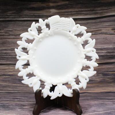 Antique White Milk Glass Patriotic Plate Adorned with Stars, Eagles, and American Flag