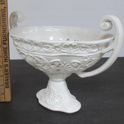 Large Pierced Pottery Handled Bowl, Italy, Ardalt, Moresco Bianco