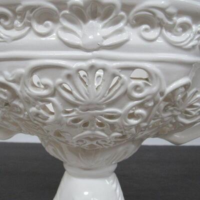 Large Pierced Pottery Handled Bowl, Italy, Ardalt, Moresco Bianco
