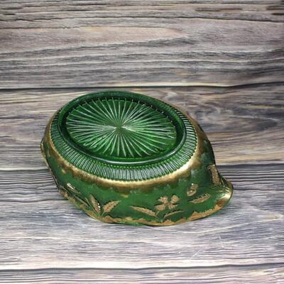 Vintage Green and Gold gilt Serving Bowl with Silvertone Handle