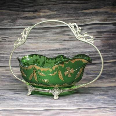 Vintage Green and Gold gilt Serving Bowl with Silvertone Handle
