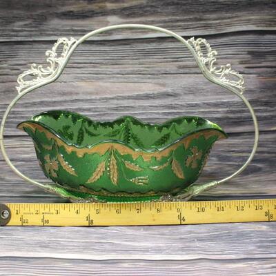Vintage Green and Gold gilt Serving Bowl with Silvertone Handle