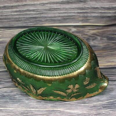 Vintage Green and Gold gilt Serving Bowl with Silvertone Handle