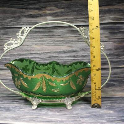 Vintage Green and Gold gilt Serving Bowl with Silvertone Handle
