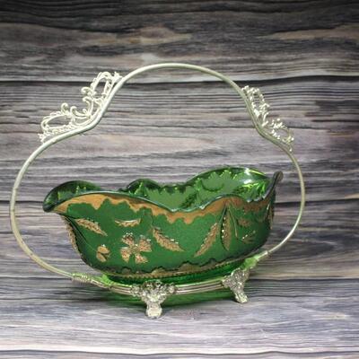 Vintage Green and Gold gilt Serving Bowl with Silvertone Handle