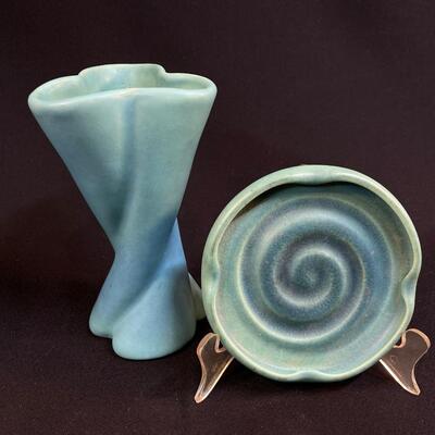 2 Vintage Van Briggle Ming Blue Vase, Ashtray