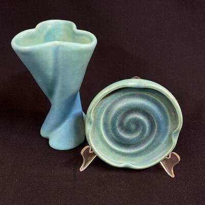 2 Vintage Van Briggle Ming Blue Vase, Ashtray