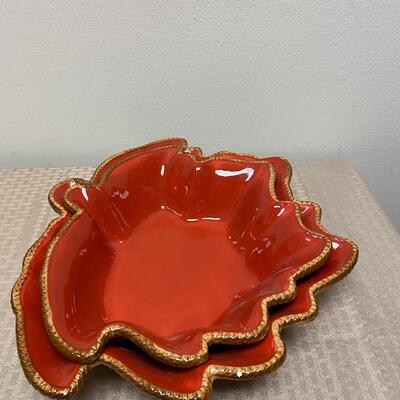 Pair of Leaf Shaped Fall Autumn Thanksgiving Serving Bowls