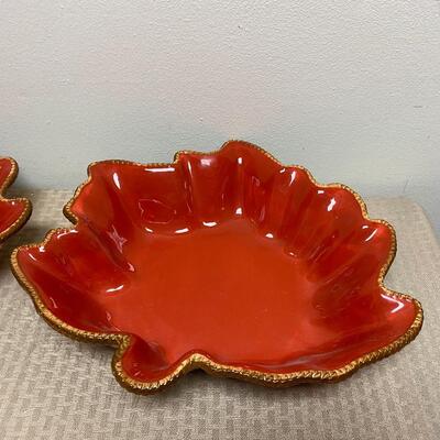 Pair of Leaf Shaped Fall Autumn Thanksgiving Serving Bowls