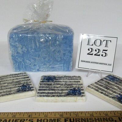 Large Blue Snowflake Candle and 3 Stone Coasters, Musical Theme