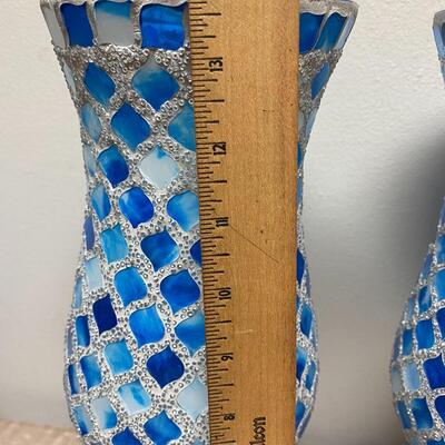 Pair of Mosaic Blue Hurricane Lamp Candle Holders & Blue Battery Op Gazing Ball