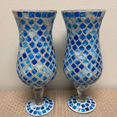 Pair of Mosaic Blue Hurricane Lamp Candle Holders & Blue Battery Op Gazing Ball