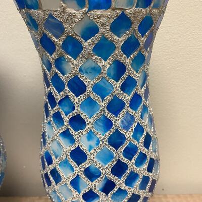 Pair of Mosaic Blue Hurricane Lamp Candle Holders & Blue Battery Op Gazing Ball