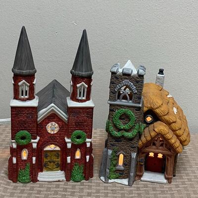 Pair of Dept 56 Light Up Christmas Holiday Church Buildings