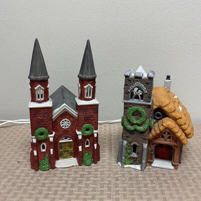 Pair of Dept 56 Light Up Christmas Holiday Church Buildings