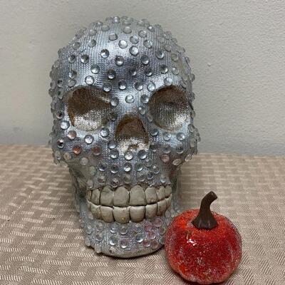 Silver Bedazzled Halloween Skull and Small Pumpkin Figurine