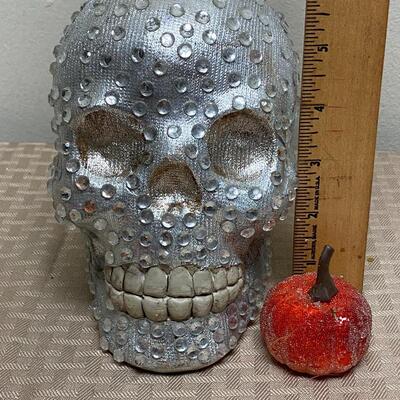 Silver Bedazzled Halloween Skull and Small Pumpkin Figurine