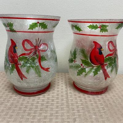 Holiday Christmas Cardinal On Holly Painted Candle Holder Hurricane Lamps