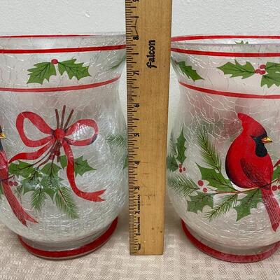 Holiday Christmas Cardinal On Holly Painted Candle Holder Hurricane Lamps