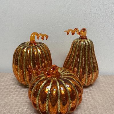 Set of 3 Mercury Glass Orange Light Up Pumpkins Fall Autumn Thanksgiving Decor