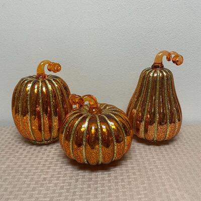 Set of 3 Mercury Glass Orange Light Up Pumpkins Fall Autumn Thanksgiving Decor