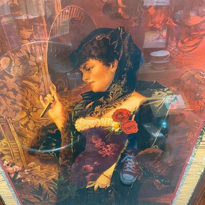 Large Victorian Spanish Woman Framed Mirror Back Painting American Parlor Art 1974