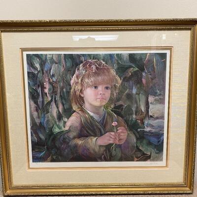 Signed & Numbered Framed Lithograph Child with Flower Art