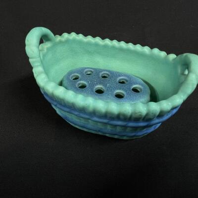 Vintage Van Briggle Pottery Turquoise Basket and Frog