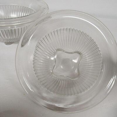 2 Clear Vintage Hazel Atlas Mixing Bowls, 1 Small Pottery Mixing Bowl