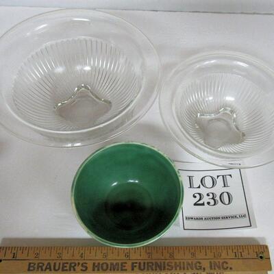2 Clear Vintage Hazel Atlas Mixing Bowls, 1 Small Pottery Mixing Bowl