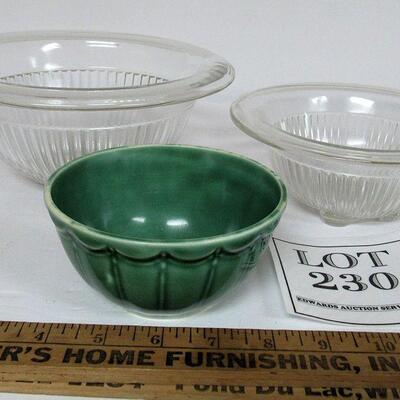 2 Clear Vintage Hazel Atlas Mixing Bowls, 1 Small Pottery Mixing Bowl