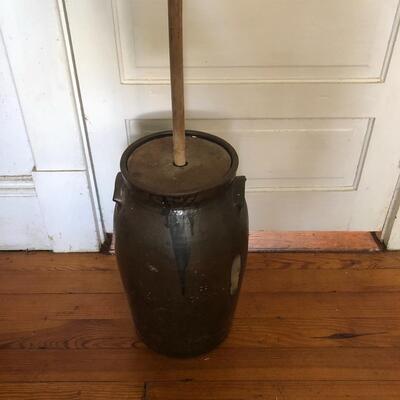 Two Antique Butter Churns & Stamp (D-RG)