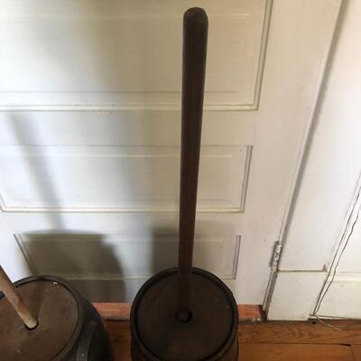 Two Antique Butter Churns & Stamp (D-RG)
