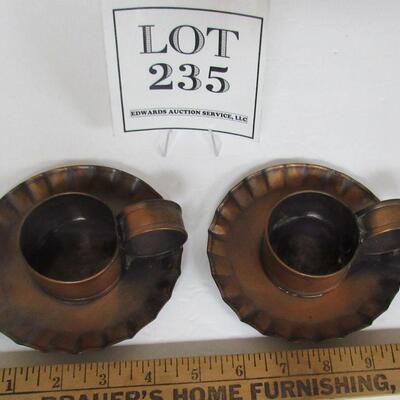 Pair Vintage Pfaltzgraff Village Pattern Copper Candleholders Rustic Looking READ DESCRIPTION!