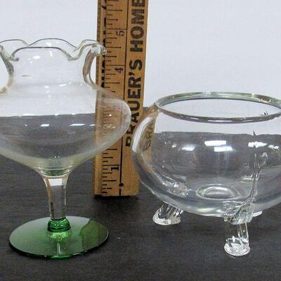 Vintage Glass Vases, Green Footed and Clear, Unmarked