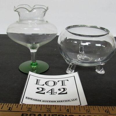 Vintage Glass Vases, Green Footed and Clear, Unmarked