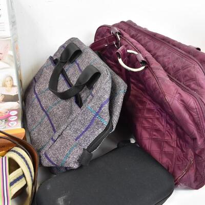 Assorted personal care lot: 2 handbags, wallet, comfort spa set, curling iron