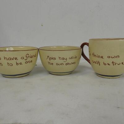 9 pc Tea Set: 2 plates, Shallow bowl, 2 bowls, 2 mugs, tea pot, creamer pitcher
