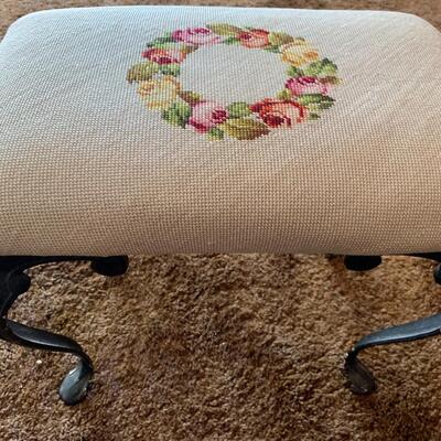 Antique Custom Needlepoint Wrought Iron Vanity Stool