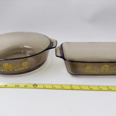 2 pc VINTAGE GLASBAKE BROWN GLASS BAKING DISH W/ GOLD DAISY FLOWERS