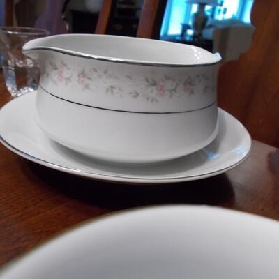 China Gravy Boat with delicate pink and white flowers and silver trim