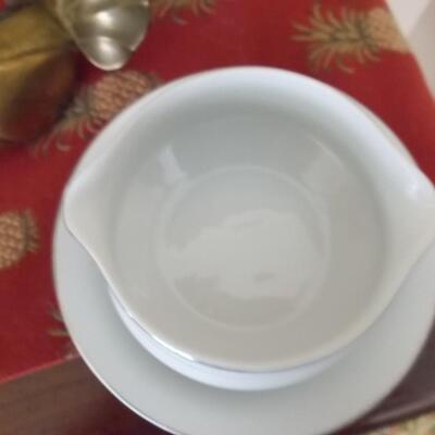 China Gravy Boat with delicate pink and white flowers and silver trim