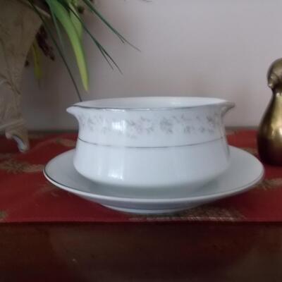 China Gravy Boat with delicate pink and white flowers and silver trim
