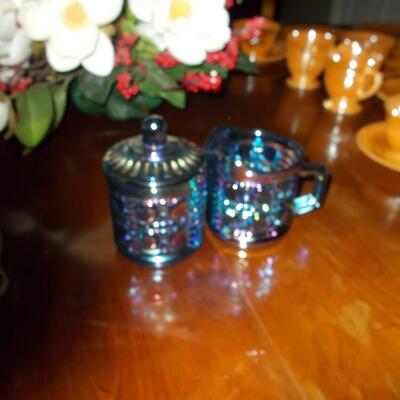 Antique Indiana Windsor Iridescent Blue Carnival Glass Sugar and Creamer